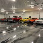 A garage with a decorative metallic epoxy floor.